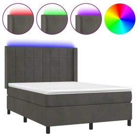 vidaXL Κρεβάτι Boxspring με Στρώμα & LED Σκ. Γκρι 140x190εκ. Βελούδινο