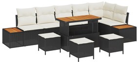 vidaXL Σετ Καναπέ Κήπου 10 Τεμαχίων με Μαξιλάρια Μαύρο Πολυ Ρατάν Ακακία