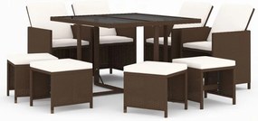 vidaXL Σετ Τραπεζαρίας Κήπου 9 τεμ. Καφέ Συνθετικό Ρατάν με Μαξιλάρια