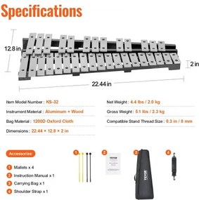 VEVOR 32 Note Glockenspiel Xylophone Bell Kit with Mallets, Drum Sticks and Bag