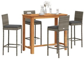 vidaXL Σετ Μπαρ Κήπου 5 Τεμ. Γκρι Μασίφ Ξύλο Ακακίας και Συνθ. Ρατάν