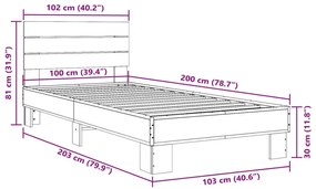 Πλαίσιο Κρεβατιού Sonoma Δρυς 100x200 εκ. Επεξ. Ξύλο &amp; Μέταλλο - Καφέ