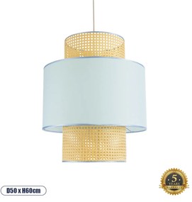 02045 GloboStar® SAIGE 02045 Boho Κρεμαστό Φωτιστικό Πλέγμα Μονόφωτο 1 x E27 IP20 Μπεζ Ξύλο με Γαλάζιο Ύφασμα - Μ50 x Π50 x Υ60cm