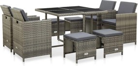 vidaXL Σετ Τραπεζαρίας Εξ. Χώρου 9 τεμ. Γκρι Συνθ. Ρατάν με Μαξιλάρια