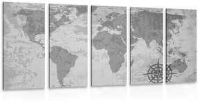 Χάρτης του παλιού κόσμου με 5 μέρη με πυξίδα σε ασπρόμαυρο - 100x50