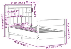 Κρεβάτι Βιβλιοθήκη Χωρίς Στρώμα 75x190 εκ Μασίφ Ξύλο Πεύκο - Καφέ