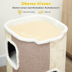 Cat Scratching Barrel Cat Tree 3 Tier Heavy Duty Μαλακό βελούδινο Retreat Μπεζ