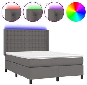 vidaXL Κρεβάτι Boxspring με Στρώμα & LED Γκρι 140x190 εκ. Συνθ. Δέρμα