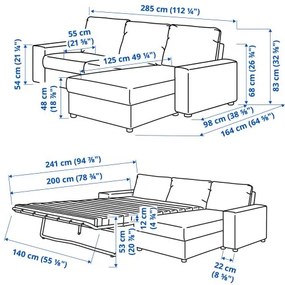 VIMLE τριθέσιος καναπές-κρεβάτι με πλατιά μπράτσα και σεζλόνγκ 695.452.87