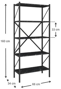 Βιβλιοθήκη Jocasta Megapap μεταλλική - μελαμίνης χρώμα μαύρο εφέ μαρμάρου 66x34x160εκ. - GP041-0001,3 - GP041-0001,3