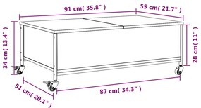 Τραπεζάκι Σαλονιού Ροδάκια Γκρι Sonoma 91x55x34 εκ. Επεξ. Ξύλο - Γκρι