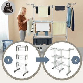Στεγνωτήριο ρούχων Kinghoff KH 2044, 30 μ., έως 30 κιλά, 3 επίπεδα, ροδάκια, χάλυβας, λευκό/γκρι