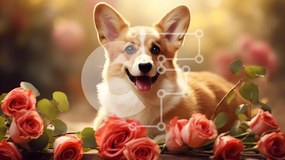 Σετ των 2 Intra Συλλεκτικό Ξύλινο Παζλ Plywood 4mm - Σκύλος Corgi που περιβάλλεται από τριαντάφυλλα Σε Ξύλινο Κουτί - Διαστάσεις: 10x10 cm – 25 κομμάτια