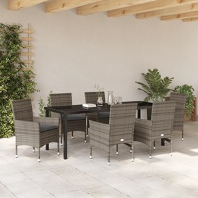 vidaXL Σετ Εξωτερικής Τραπεζαρίας 7 τμχ με Μαξιλάρια Γκρι Πολυ Ρατάν