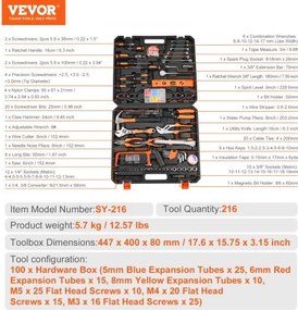 VEVOR Tool Kit 216 Piece General Household Hand Tool Set with Portable Tool Case
