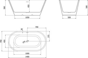 Mexen Luna μπανιέρα ελεύθερη τοποθέτηση 140 x 75 cm, λευκή, υπερχείλιση χρυσή