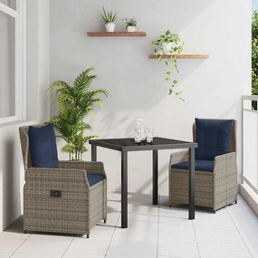 vidaXL Σέτ φαγητού για κήπο με μαξιλάρι 3 pcs Γκρι Πολυ ράταν