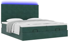 vidaXL Οθωμανικό κρεβάτι με στρώματα & LEDs Σκούρο πράσινο Βελούδο