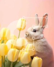 Intra Συλλεκτικό Ξύλινο Παζλ Plywood 4mm - Λευκό λαγουδάκι που περιβάλλεται από κίτρινες τουλίπες Σε Ξύλινο Κουτί - Διαστάσεις: 10x10 cm – 25 κομμάτια