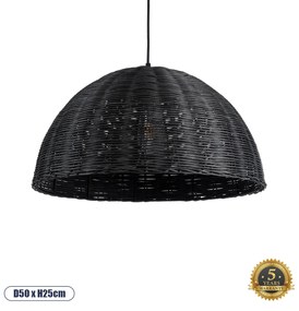 GloboStar® MONTANA 02383 Boho Κρεμαστό Φωτιστικό Οροφής Μονόφωτο 1 x E27 AC220-240V IP20 - Φ50 x Υ25cm - Μαύρο Μπαμπού Πλέγμα Καμπάνα - 5 Χρόνια Εγγύηση