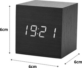 Ξύλινο Επιτραπέζιο Ψηφιακό Ρολόι, Ξυπνητήρι, Θερμόμετρο με οθόνη LED - Μαύρο