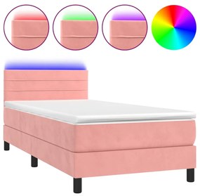 Κρεβάτι Boxspring με Στρώμα &amp; LED Ροζ 90x190 εκ. Βελούδινο - Ροζ