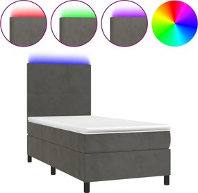 vidaXL Κρεβάτι Boxspring με Στρώμα &amp; LED Σκ. Γκρι 100x200εκ. Βελούδινο