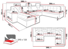 Γωνιακός Καναπές Comfivo 127, Λειτουργία ύπνου, Αποθηκευτικός χώρος, 350x205x101cm, 161 kg, Πόδια: Πλαστική ύλη | Epipla1.gr