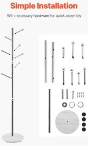 VEVOR Coat Rack Freestanding Coats Rack Stand with Stable Marble Base &amp; 8 Hooks