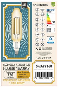 GloboStar® 99168 Λάμπα LED Long Filament E27 BTT80 BANANAS Γλόμπος 8W 720lm 360° AC 220-240V IP20 Φ7.8 x Υ34.5cm Ultra Θερμό Λευκό 2200K με Μελί Γυαλί - Dimmable - 3 Χρόνια Εγγύηση