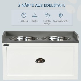 PawHut Σταθμός Τροφοδοσίας, 2 Μπολ Τροφοδοσίας 2 λίτρων το καθένα, Ανοξείδωτο Ατσάλι, με Συρτάρι, για Μεγάλα Σκυλιά, Λευκό+Γκρι, 60 x 30 x 36 cm