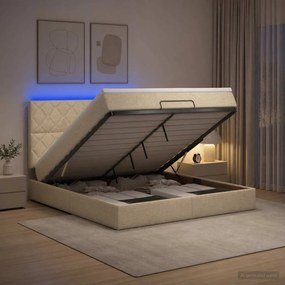 vidaXL Κρεβάτι Ottoman με Στρώμα και LED Κρεμ 160 x 200 cm Ύφασμα