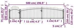 vidaXL Καγκελόπορτα με Λόγχες Μαύρη 5 x 1,5 μ.