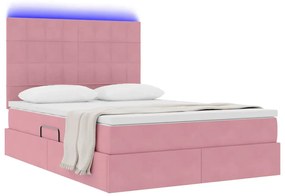 vidaXL Κρεβάτι με αποθηκευτικό χώρο και LED Ροζ 140 x 190 cm Βελούδο