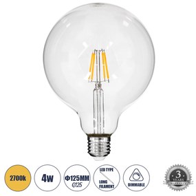 GloboStar 99012 Λάμπα LED Long Filament E27 G125 Γλόμπος 4W 400lm 360° AC 220-240V IP20 Φ12.5 x Υ18cm Θερμό Λευκό 2700K με Διάφανο Γυαλί - Dimmable - 3 Years Warranty - 99012