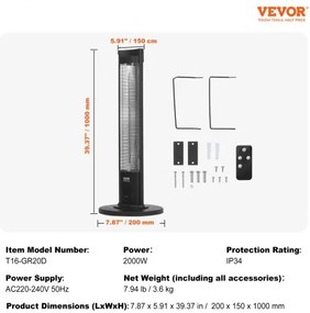 VEVOR Infrared Heater 2000W Electric Space Heater Remote Control 3 Speeds Timer