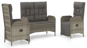 vidaXL Σετ Τραπεζαρίας Κήπου 3 τεμ. Γκρι Συνθ. Ρατάν με Μαξιλάρια