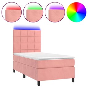 vidaXL Κρεβάτι Boxspring με Στρώμα & LED Ροζ 100x200 εκ. Βελούδινο