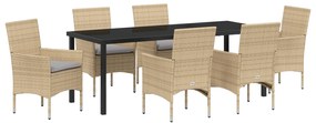 vidaXL 7 Τεμαχίων Σετ Τραπεζαρίας Κήπου με Μαξιλάρια Μπεζ Πολυ Ρατάν