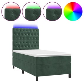 vidaXL Κρεβάτι Boxspring με Στρώμα & LED Σκ. Πράσινο 100x200εκ Βελούδο