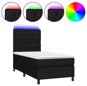 Κρεβάτι Boxspring με Στρώμα &amp; LED Μαύρο 90x190 εκ. Υφασμάτινο - Μαύρο