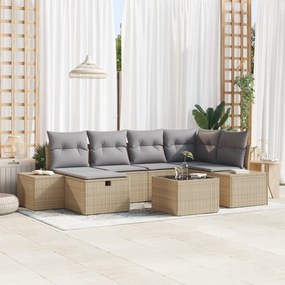 vidaXL Σετ Καναπέ Κήπου 7 Τεμαχίων με Μαξιλάρια Μπεζ Πολυ Ράταν