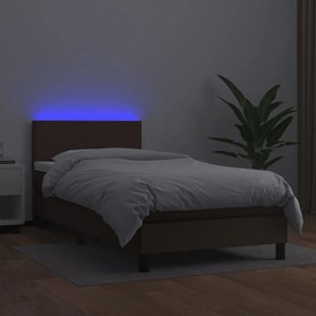 vidaXL Κρεβάτι Boxspring με Στρώμα & LED Καφέ 100x200 εκ. Συνθ. Δέρμα