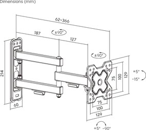POWERTECH επιτοίχια βάση τηλεόρασης PT-1279, 13-32", έως 20kg, full motion