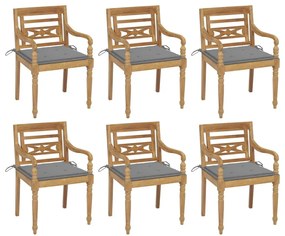 Καρέκλες Batavia 6 τεμ. από Μασίφ Ξύλο Teak με Μαξιλάρια - Γκρι