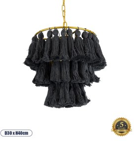 02087 GloboStar® MISSOULA 02087 Boho Κρεμαστό Φωτιστικό Σχοινί Μονόφωτο 1 x E27 IP20 Μαύρο Ύφασμα με Χρυσό Μέταλλο - Μ30 x Π30 x Υ40cm