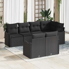 vidaXL Σετ σαλονιού κήπου 7 κομματιών από poly rattan με μαξιλάρια, μαύρο.