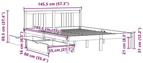 Σκελετός Κρεβατιού Χωρίς Στρώμα 140x190 εκ Μασίφ Ξύλο Πεύκου - Καφέ