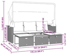 Καναπές Κήπου Τριθέσιος με Σκίαστρο &amp; Σκαμπό Γκρι Συνθ. Ρατάν - Γκρι