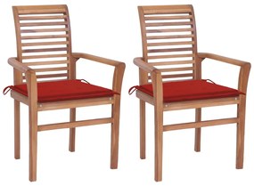 Καρέκλες Τραπεζαρίας 2 τεμ. Μασίφ Ξύλο Teak &amp; Κόκκινα Μαξιλάρια